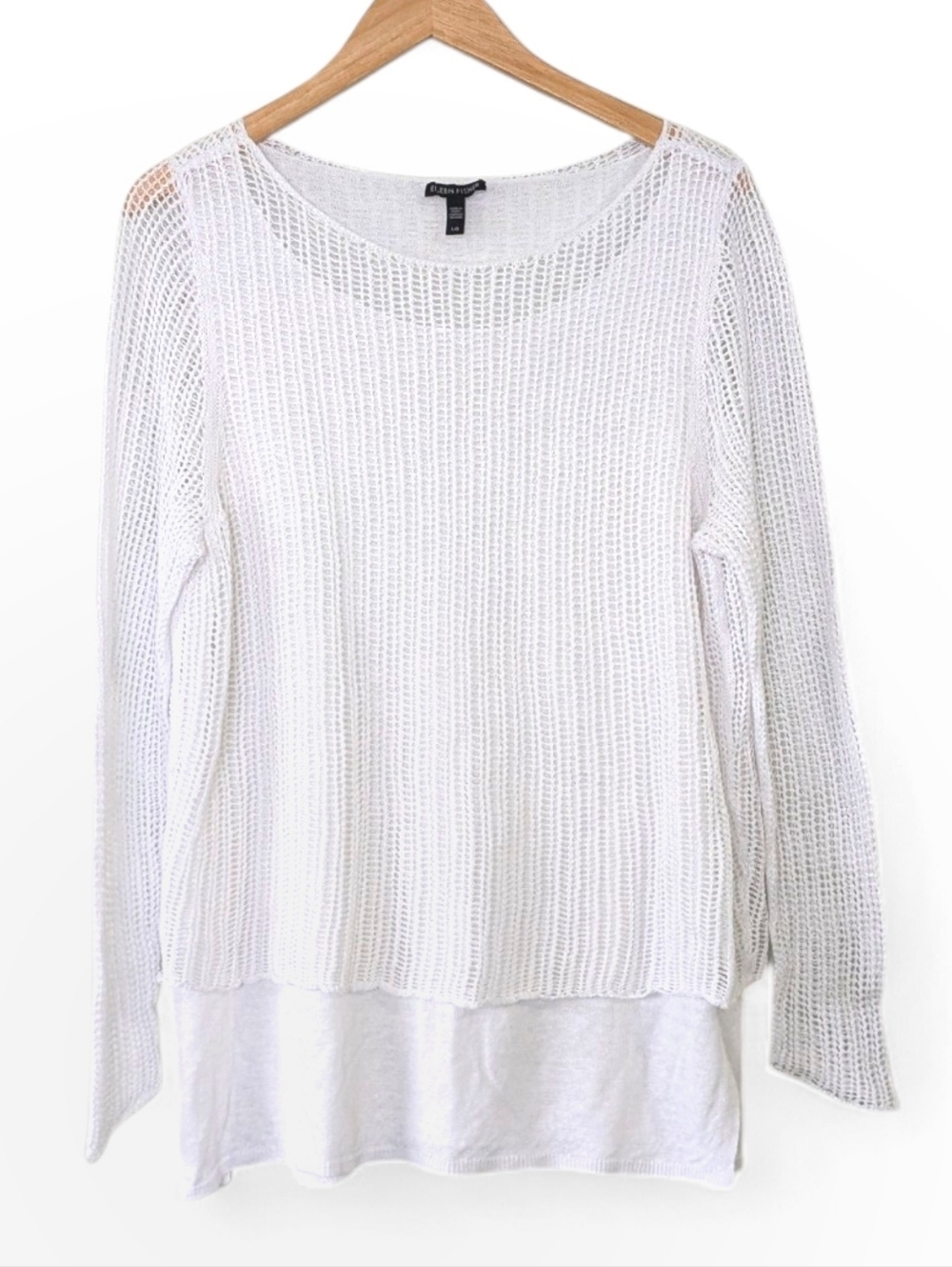 Eileen Fisher Linen Knit Overlay Layered Sweater White Size L Coastal Minimalist